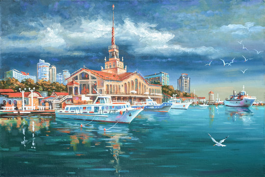 Calm in seaport Sochi. Painting: canvas, oil. Author: Nikolay Sivenkov.
