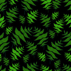 Green fern leaf seamless wild forest pattern black background