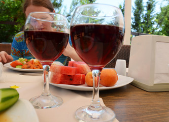 Two female friends drinking wine in restaurant
