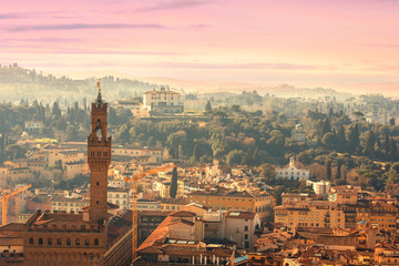 Naklejka premium Bird view of Florence, Tuscany, Italy. View from Cathedral Santa Maria Del Fiore. Beautiful Florence sunset skyline, .
