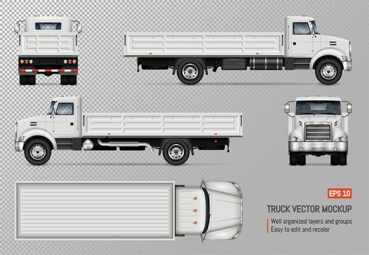 
Flatbed truck vector mockup. Isolated template of the white lorry on transparent background for vehicle branding, corporate identity. View from left, right, front, back, and top sides.