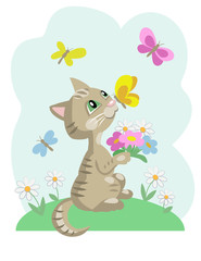Kitten with chamomiles and butterflies on blue background. Vector cartoon illustration.