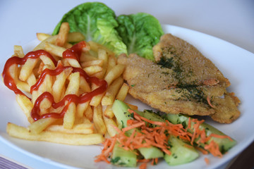 fries topped with ketchup and a salad of fresh cucumber and grated carrot fried fish