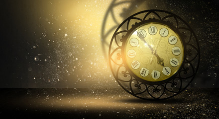 Clock vintage on an abstract background bokeh, neon, fulfillment of desires, magic of time