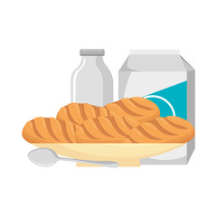 delicious breads in dish and milk vector illustration design