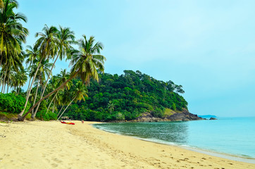 Tropical sandy beach with palm trees and tropical forest. Shooting from the sea. Thailand, Koh Chang Island,