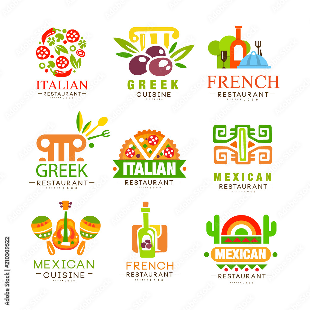 Wall mural Continental cuisine logo design set, Italian, Greek, French, Japanese, Mexican authentic traditional continental food labels vector Illustrations