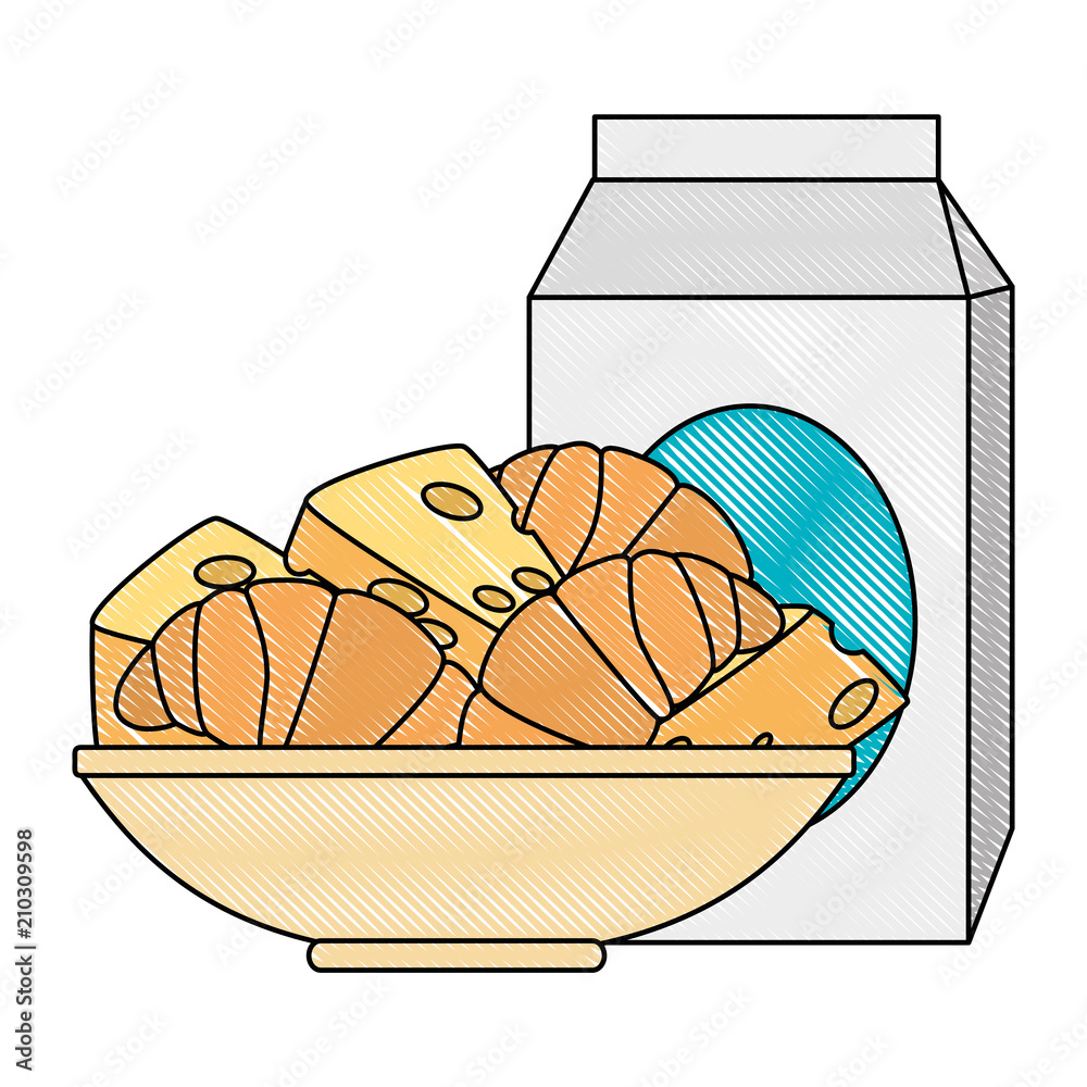 Poster delicious bread croissant in dish and milk box vector illustration design