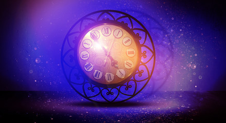 Clock vintage on an abstract background bokeh, neon, fulfillment of desires, magic of time