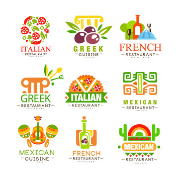 Continental cuisine logo design set, Italian, Greek, French, Japanese, Mexican authentic traditional continental food labels vector Illustrations
