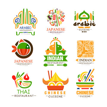Continental cuisine logo design set, Arabic, Japanese, Thai, Chinese, Indian authentic traditional continental food labels vector Illustrations