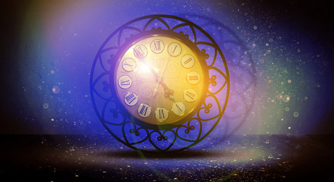 Clock vintage on an abstract background bokeh, neon, fulfillment of desires, magic of time