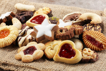 Mixed Christmas cookies. Colorful mix of Christmas-themed decorated cookies