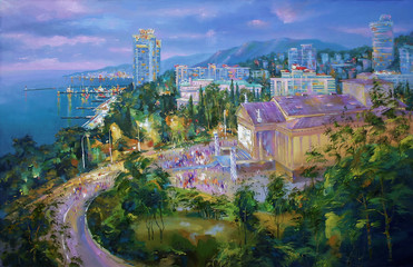  Evening city. In Sochi there is an annual Kinotavr (competition for the best film) in the Winter Theater. Painting: canvas, oil. Author: Nikolay Sivenkov.