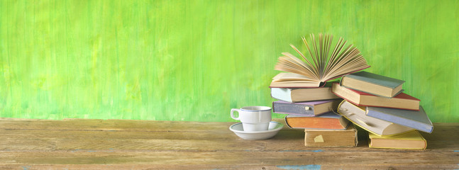 Opened Book on a pile of old books, panorama, good copy space