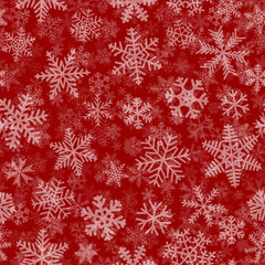 Fototapeta na wymiar Christmas seamless pattern of many layers of snowflakes of different shapes, sizes and transparency. White on red background