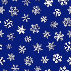 Christmas seamless pattern of snowflakes with shadows, white on blue background