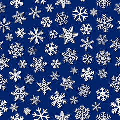 Christmas seamless pattern of snowflakes with shadows, white on blue background