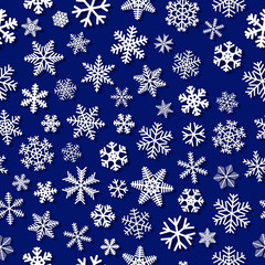 Christmas seamless pattern of snowflakes with shadows, white on blue background