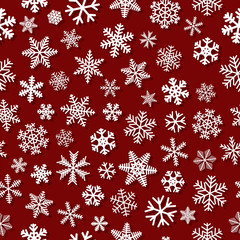 Christmas seamless pattern of snowflakes with shadows, white on red background
