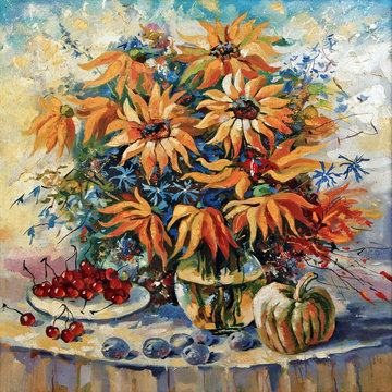 Artistic work. Still life with sunflowers. Decorative and textured technique on canvas.