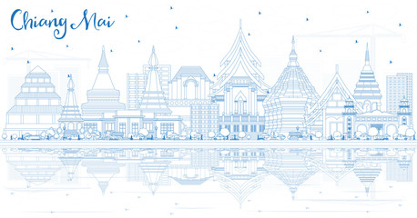 Outline Chiang Mai Thailand City Skyline with Blue Buildings and Reflections.