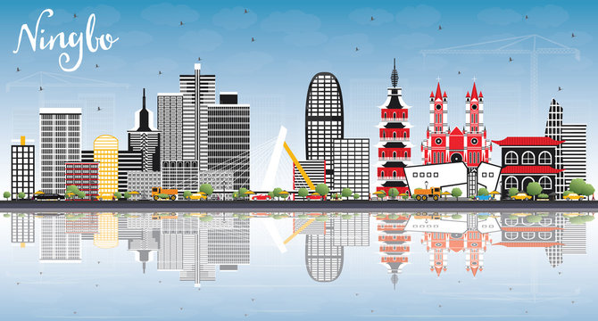 Ningbo China City Skyline with Color Buildings, Blue Sky and Reflections.
