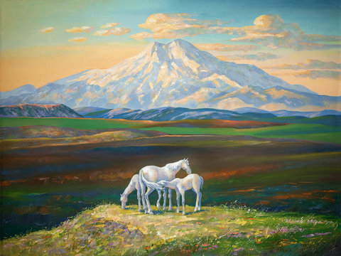  An oil painting on canvas. Horses in the background of Elbrus. Sunset in the mountains of the Caucasus. Author: Nikolay Sivenkov.