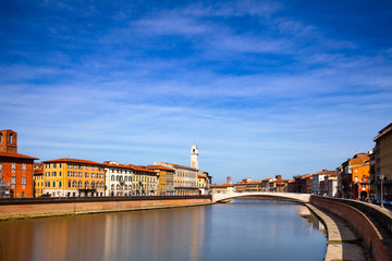 Arno River embankment Ponte di Mezzo bridge Pisa Tuscany Italy