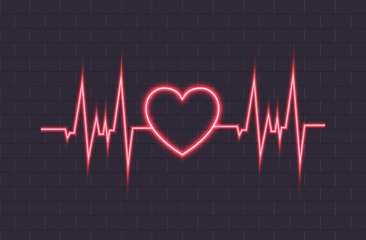 Vector Neon Heartbeat Illustration, Glowing Lines, Background.