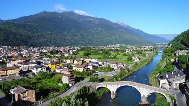 Adda river and city of Morbegno in Valtellina. Aerial view