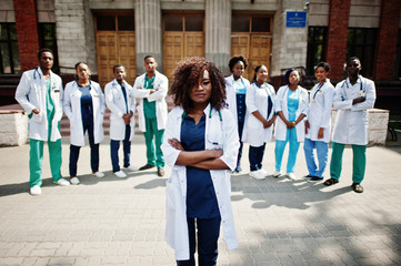 Fototapeta premium Group of african doctors students near medical university outdoor.