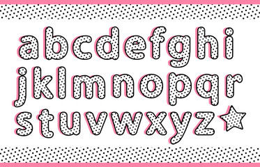 Black polka dots alphabet little letters set with pink flat shadow. Vector retro vintage typography. Font collection for title or headline modern kids design. Girl doll's style. Cute and sweet modern 