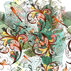 Fashion vector illustration with dragonflies, music notes and plants