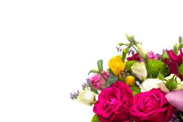 flower arrangement with roses, freesias in a pot on a white background
