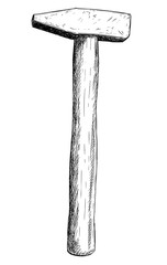 Vector artistic pen and ink drawing illustration of hammer isolated.