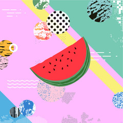 Trendy colorful background with watermelon. Summer vector illustration design with watermelon. Food pattern texture. Wallpaper, fabric, textile, wrapping paper design