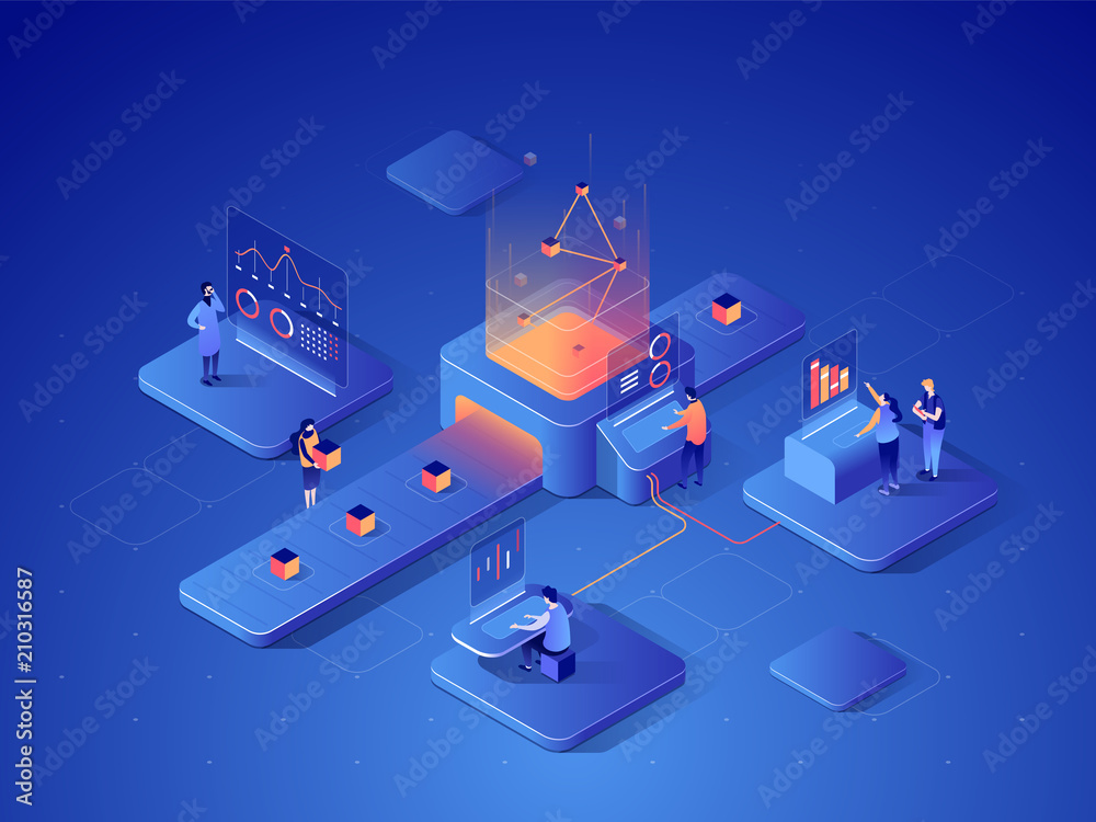 Poster people interacting with charts and analysing statistics. data visualisation concept. 3d isometric il