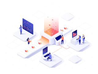 People interacting with charts and analysing statistics. Data visualisation concept. 3d isometric illustration. - obrazy, fototapety, plakaty