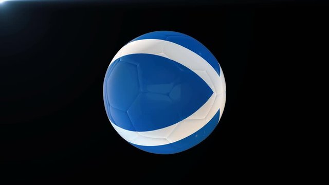 Football with flag of Scotland, soccer ball with Scottish flag, sports equipment rotating on black background, 3D animation