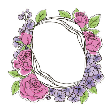 vector contour color blue delphinium pink rose flower leaf simple summer set on white oval  frame border
