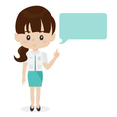 Medical staff, pharmacist girl with speech bubble mascot style.