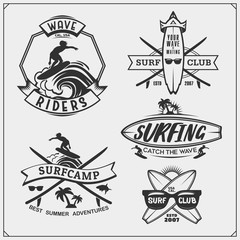 Set of surfing emblems, labels and badges. Surf design elements.