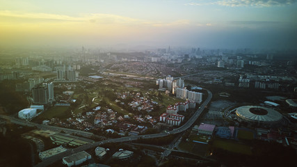 Fototapeta na wymiar Panorama cityscape view in the middle of Kuala Lumpur city center , early morning with little mist , Malaysia .