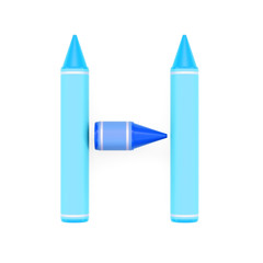 Colored wax crayons assembled like capital letter H on white background, 3D rendered font image for education, art and childish typography