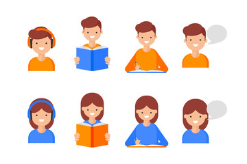 Reading, Writing, Speaking, Listening. Language learning icons, flat style. Female and male characters