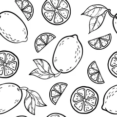 Behang Citroen Mooie zwart-wit naadloze doodle patroon met schattige doodle citroenen schets. Hand getekende trendy achtergrond. ontwerp achtergrond wenskaarten, uitnodigingen, stof en textiel.