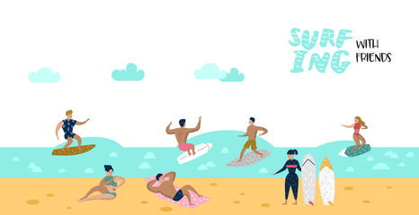 Characters People Surfing at the Beach Poster, Banner, Brochure. Man and Woman Cartoon Surfers. Water Sport Concept. Vector illustration