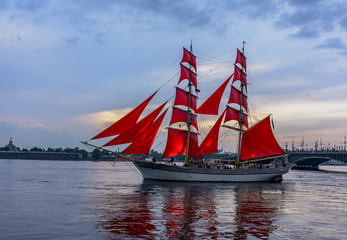 Rehearsal of the passage of the sailing ship on the Neva on the eve of a holiday of graduates...