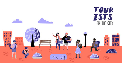Traveling People in Trip Poster, Banner, Brochure. Tourist with Gadget Taking Photo. Woman Making Selfie. Characters Walking on Tour. Vector illustration
